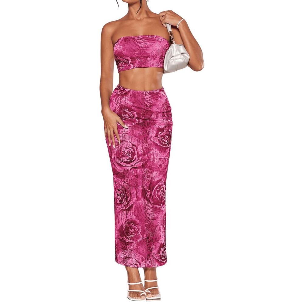 Women's 2 Piece Outfits Floral Print Mesh Strapless Tube Crop Top and High Waist